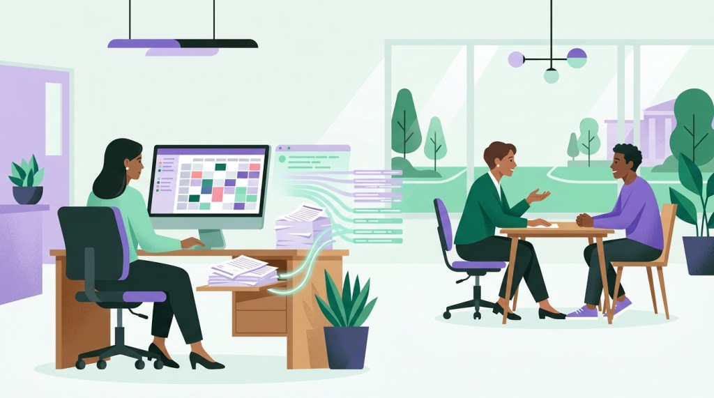 Illustration of a registrar working at a computer while paperwork flows into an organized digital list, as an advisor across the room has a warm one-on-one conversation with a student.
