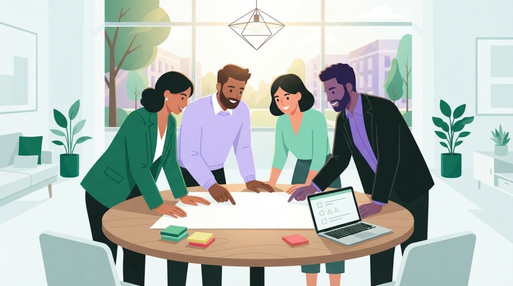 Illustration of four college staff members around a round table reviewing a single page together, with green, yellow and red sticky notes and a laptop showing a simple checklist.
