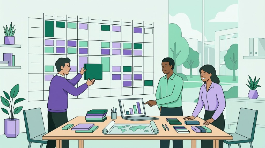 Three college staff plan a term schedule, moving colored course-section blocks on a wall grid beside a laptop showing a bar chart.
