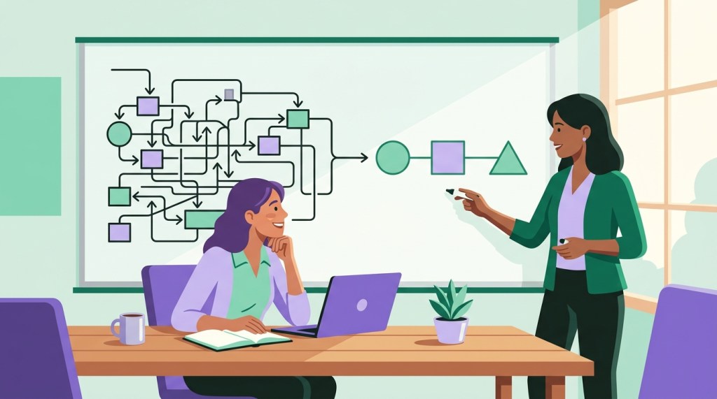 Illustration of two colleagues at a whiteboard, where a tangled workflow diagram becomes a few simple shapes as one explains it to the other.