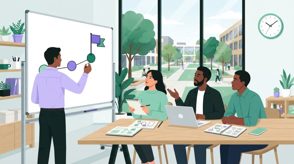 Illustration of a leader mapping a change plan on a whiteboard for a small team seated around a table
