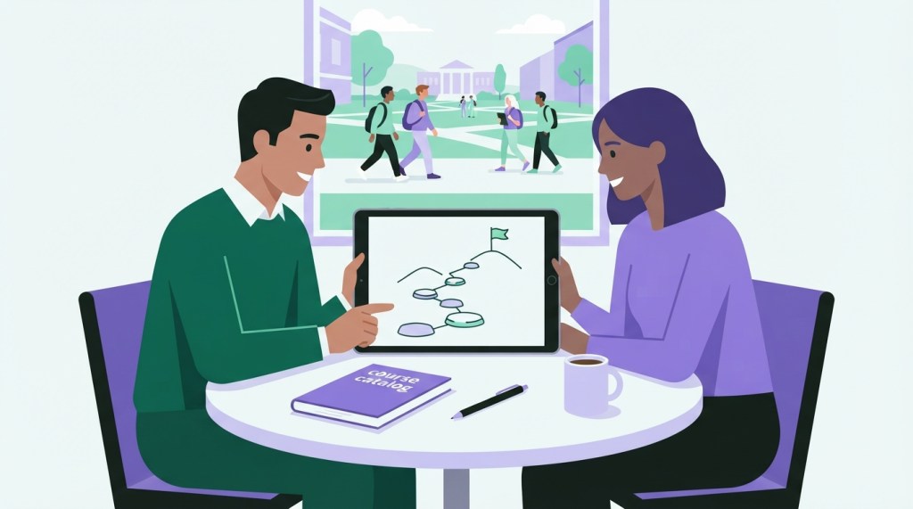 Illustration of an advisor and a student reviewing a course plan on a tablet at a campus café table